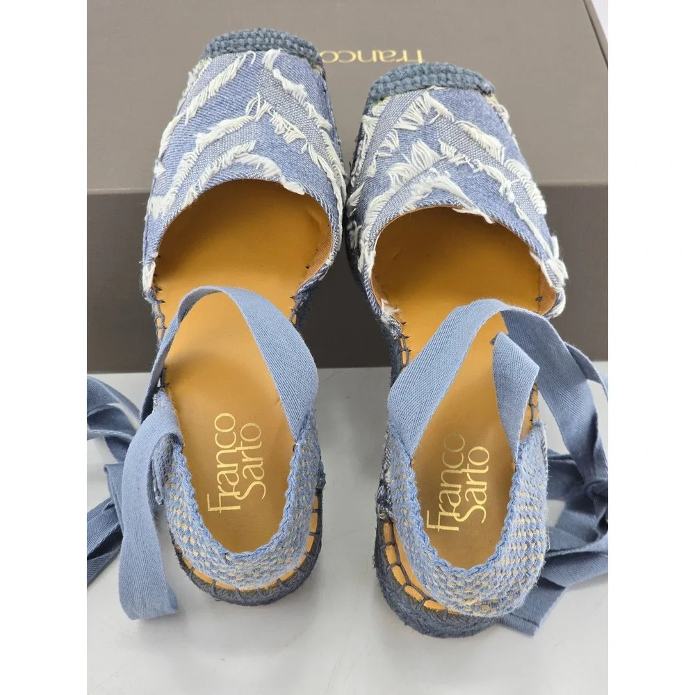 Franco Sarto L-Britney Espadrille Sandals Womens 7.5 Blue Denim Wedge Tie -New